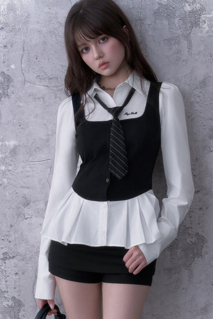 Black White Layered-Look Shirt Set-Up