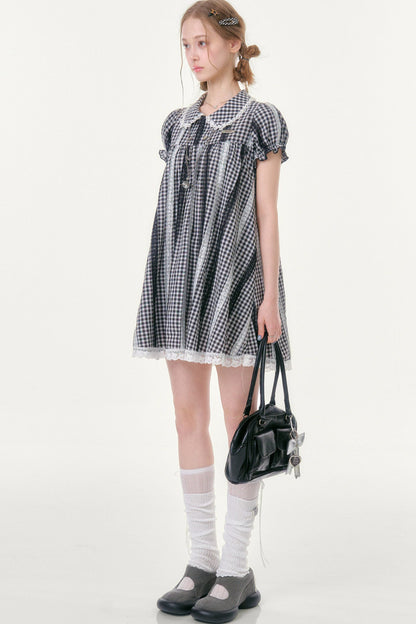 Retro Plaid Lace Puff Sleeve Dress