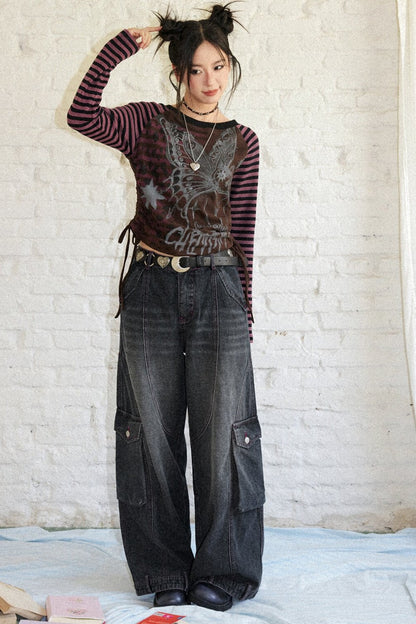 Striped Spliced Raglan Cat Print Top