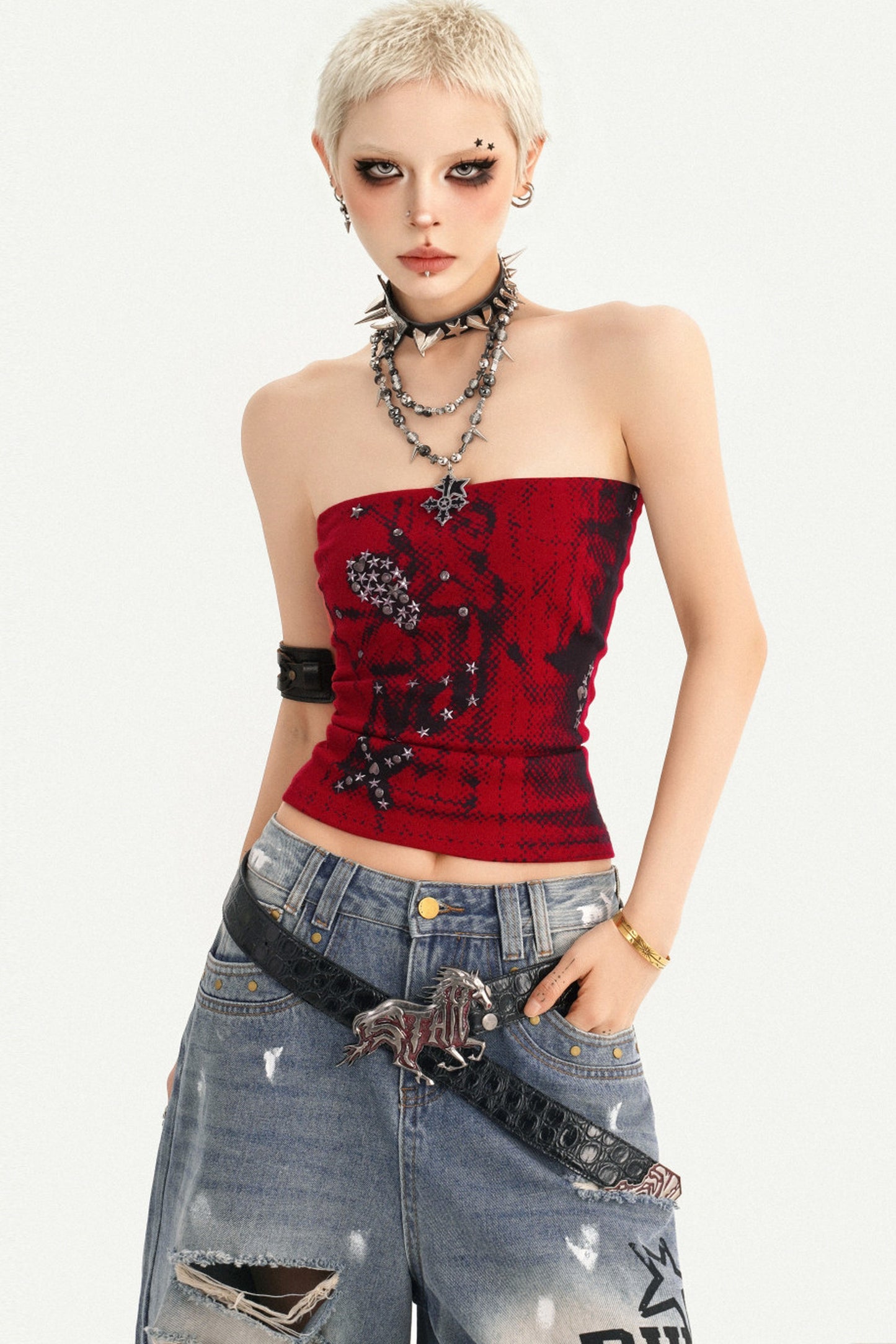 Red Gothic Studded Tube Top