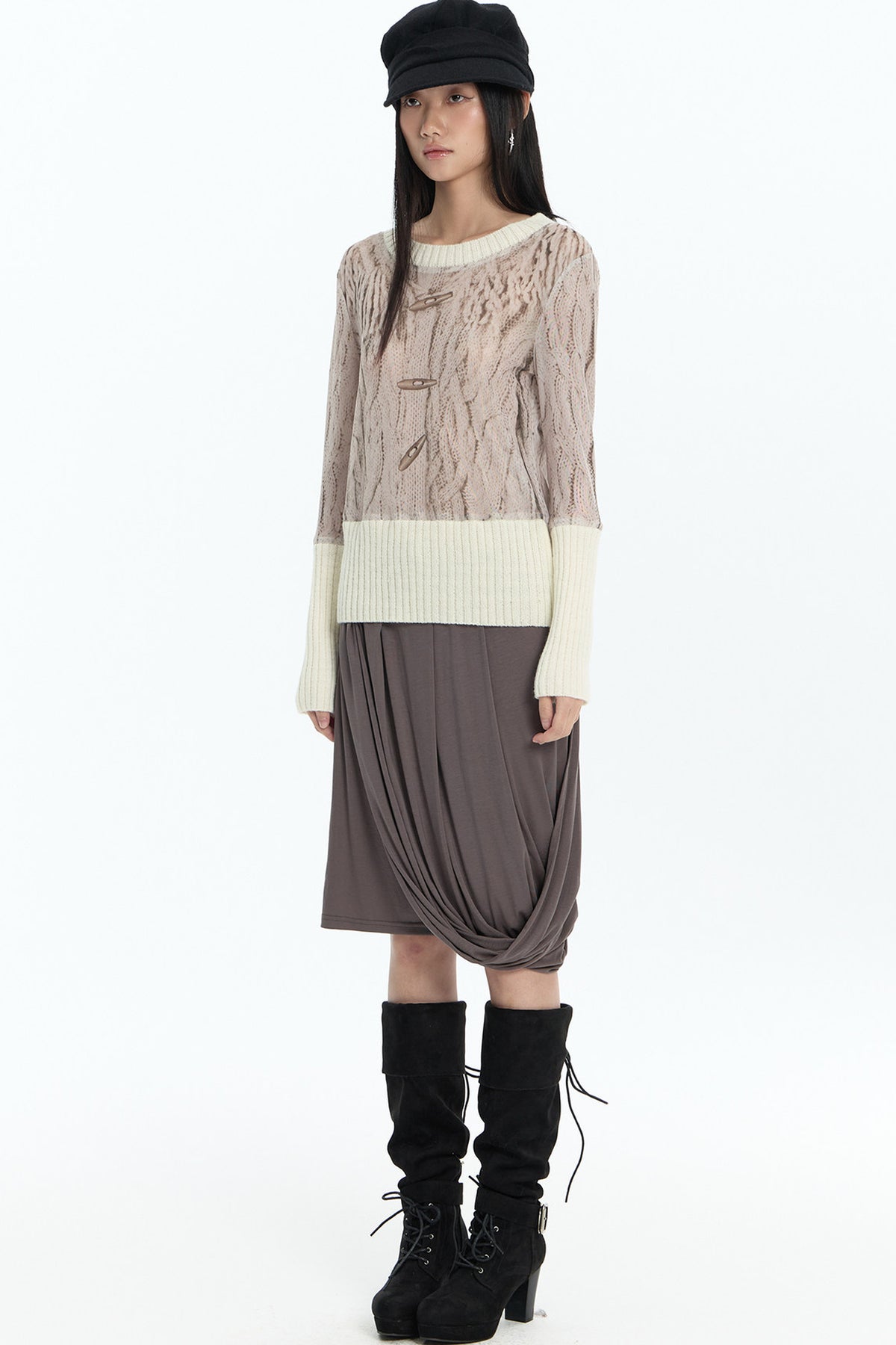 Ribbed Printed Mesh Knit Base Sweater and Skirt Set-Up