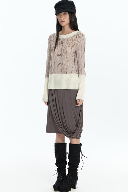 Ribbed Printed Mesh Knit Base Sweater and Skirt Set-Up