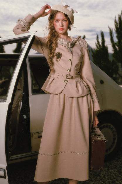 Khaki Trench Coat and Skirt Set-Up