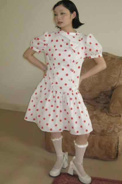 Red Retro Polka Dot Bubble Sleeve Dress