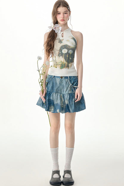 Distressed Puffy Denim Mini Skirt