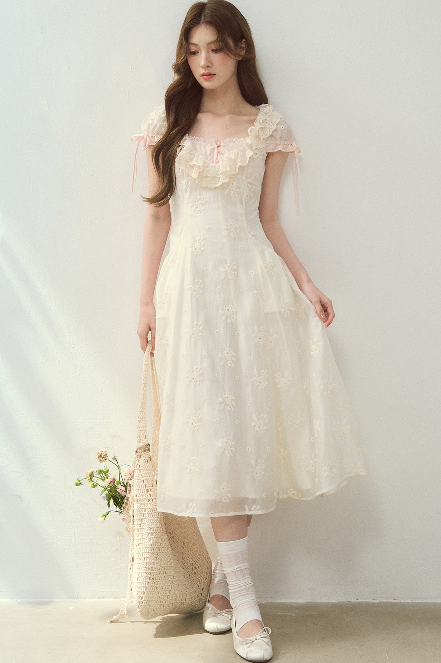 Rose Embroidered Square Neck Long Dress