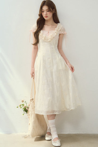 Rose Embroidered Square Neck Long Dress