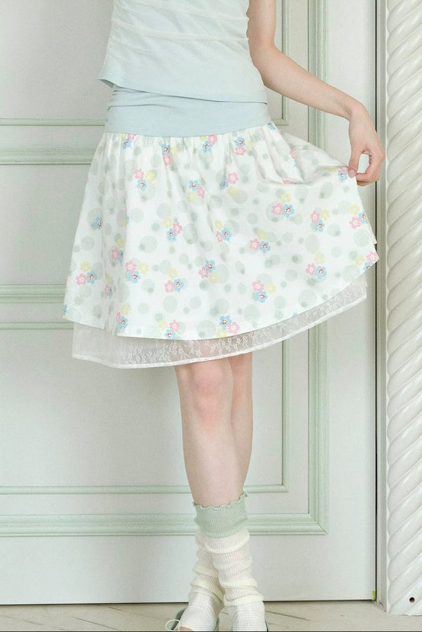 Floral Bubble Pleated Waist Lace A-Line Skirt