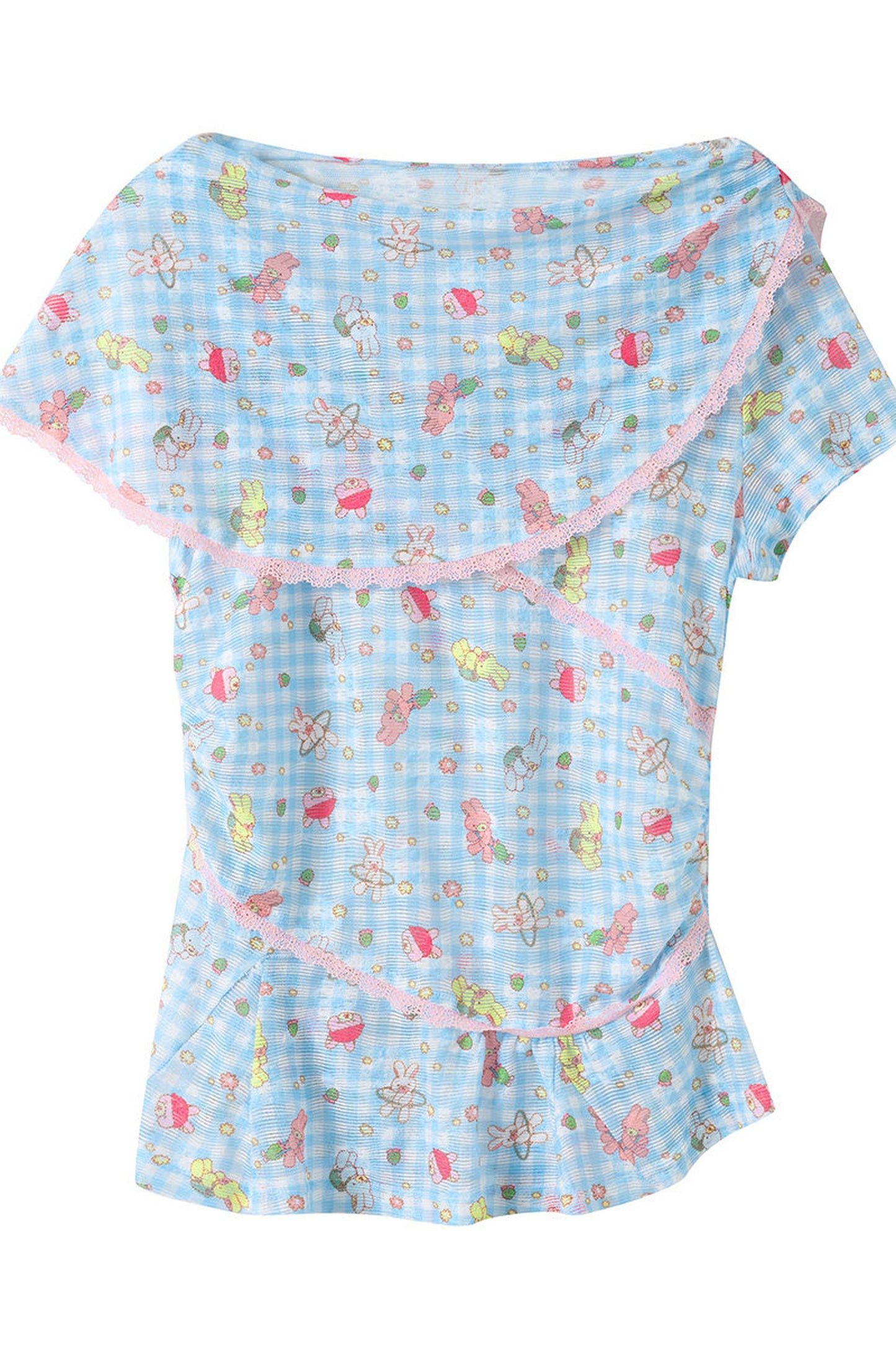 Ensemble haut en dentelle et jupe à carreaux bleus avec imprimé lapin