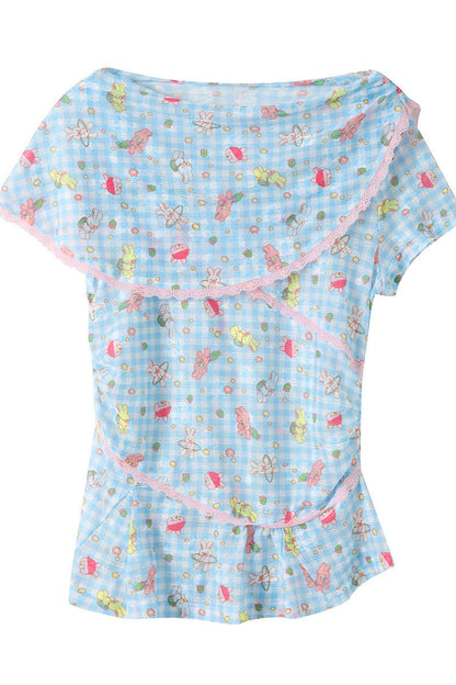 Ensemble haut en dentelle et jupe à carreaux bleus avec imprimé lapin