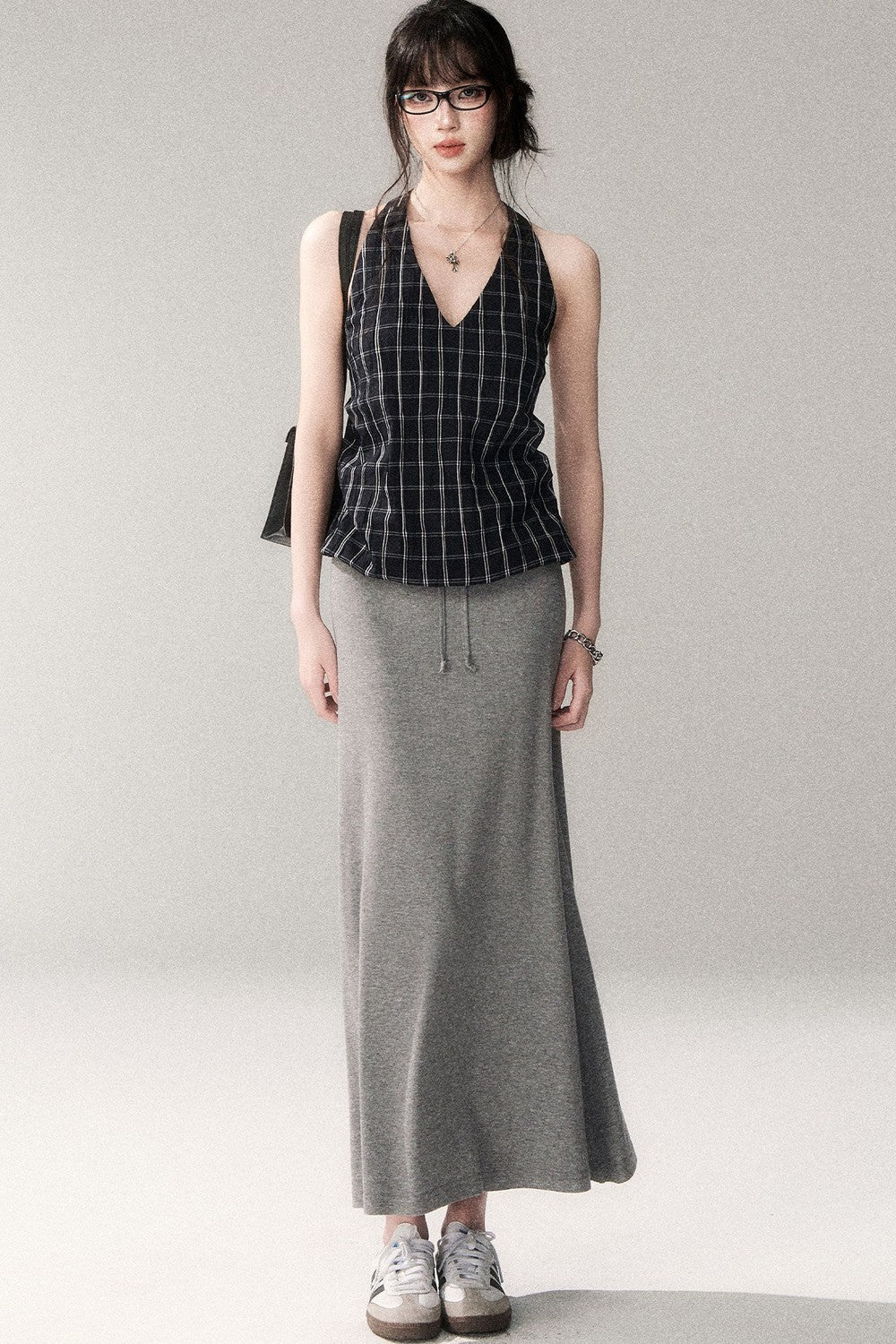 Textured Cotton Plaid Halter Camisole