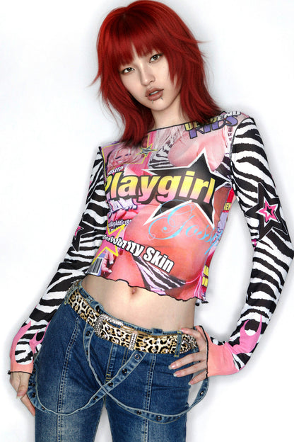 Y2K Graphic Long Sleeve Mesh Top