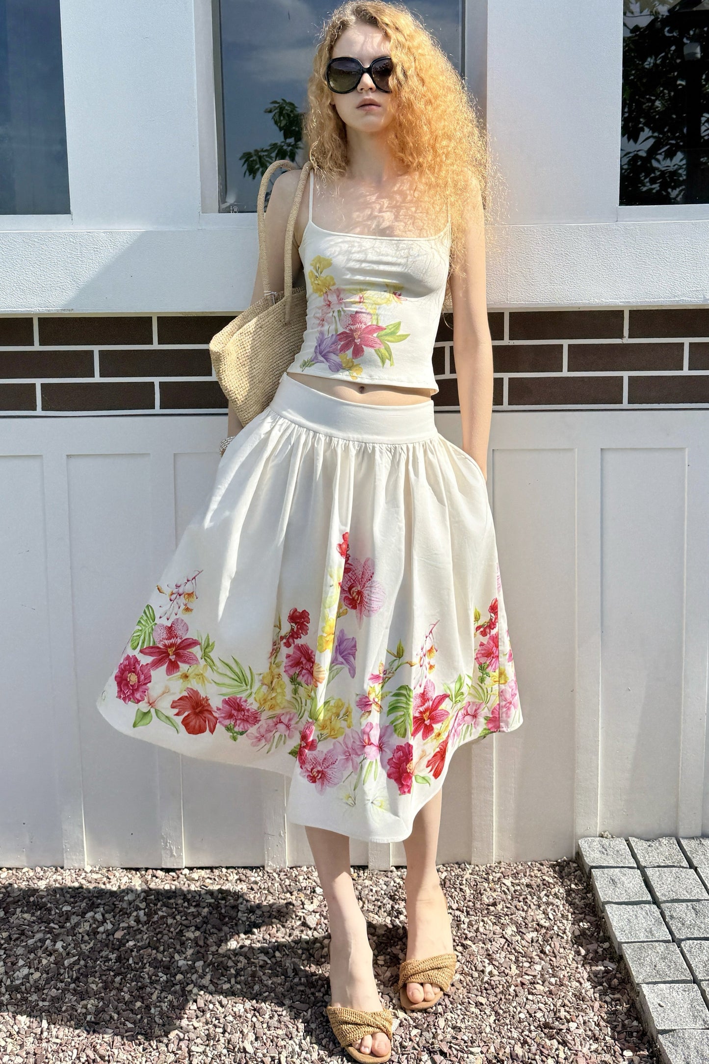 Retro Tencel Printed Camisole Skirt Set-Up