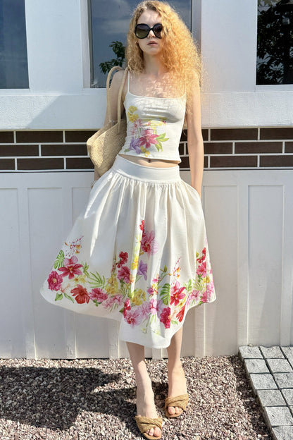 Retro Tencel Printed Camisole Skirt Set-Up