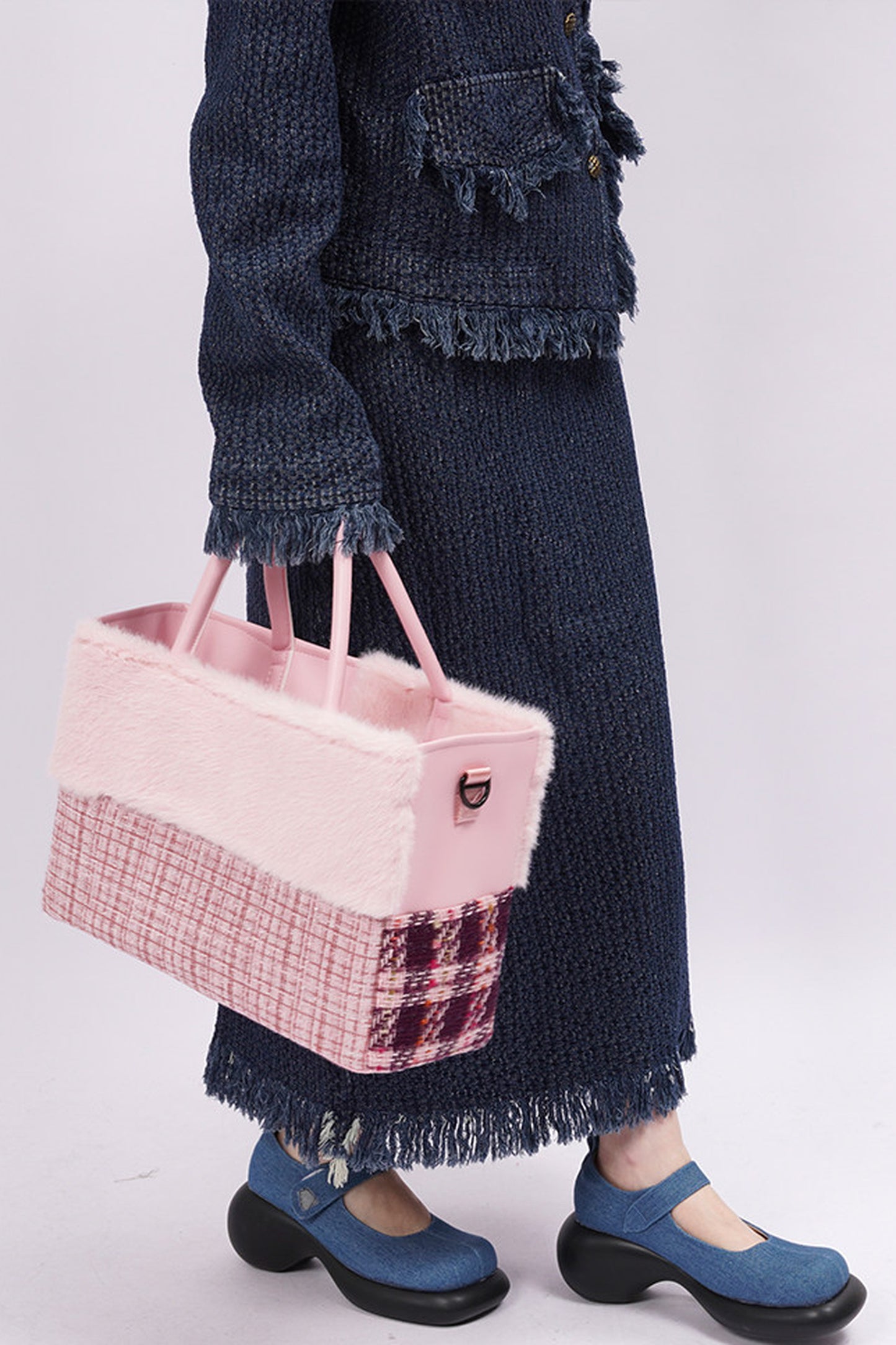 Furry Color-Block Tote Bag
