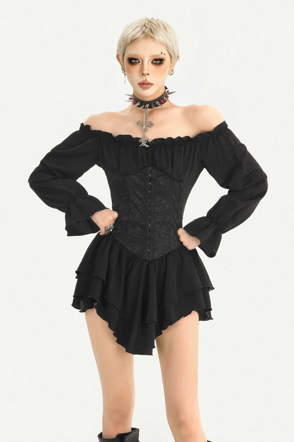 Lantern Sleeve Gothic One-Shoulder Ruffle Dress
