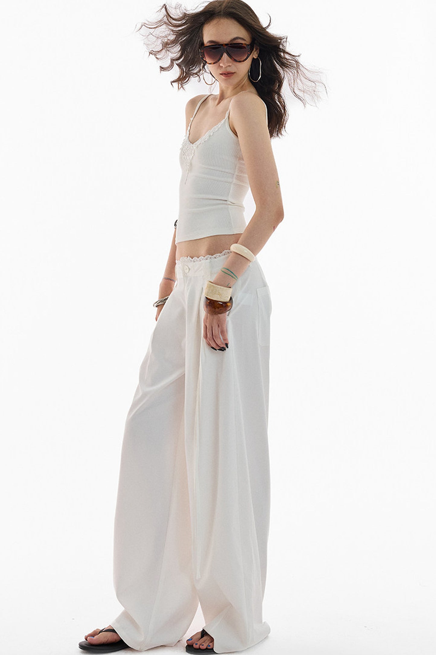 Lace Trim Pima Cotton Wide Leg Pants