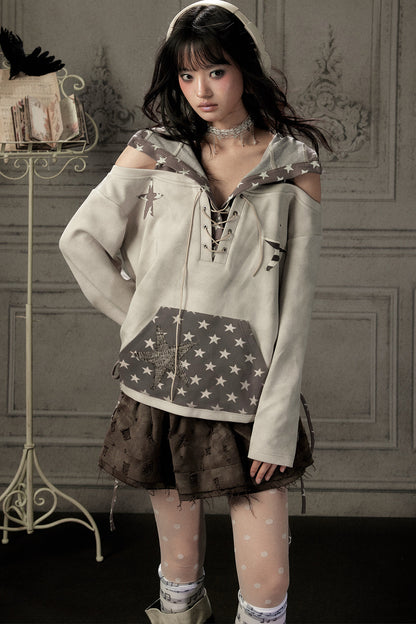 Bunny Ears Star Off-Shoulder Hoodie
