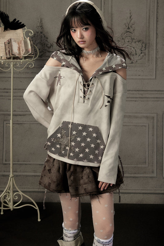 Bunny Ears Star Off-Shoulder Hoodie