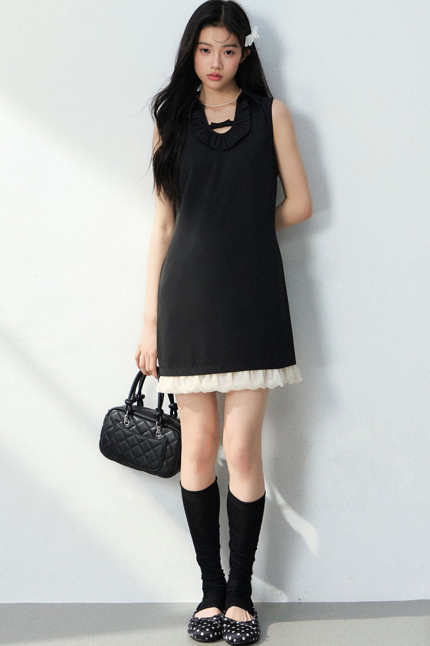 Bowknot Ruffle A-Line Black Dress