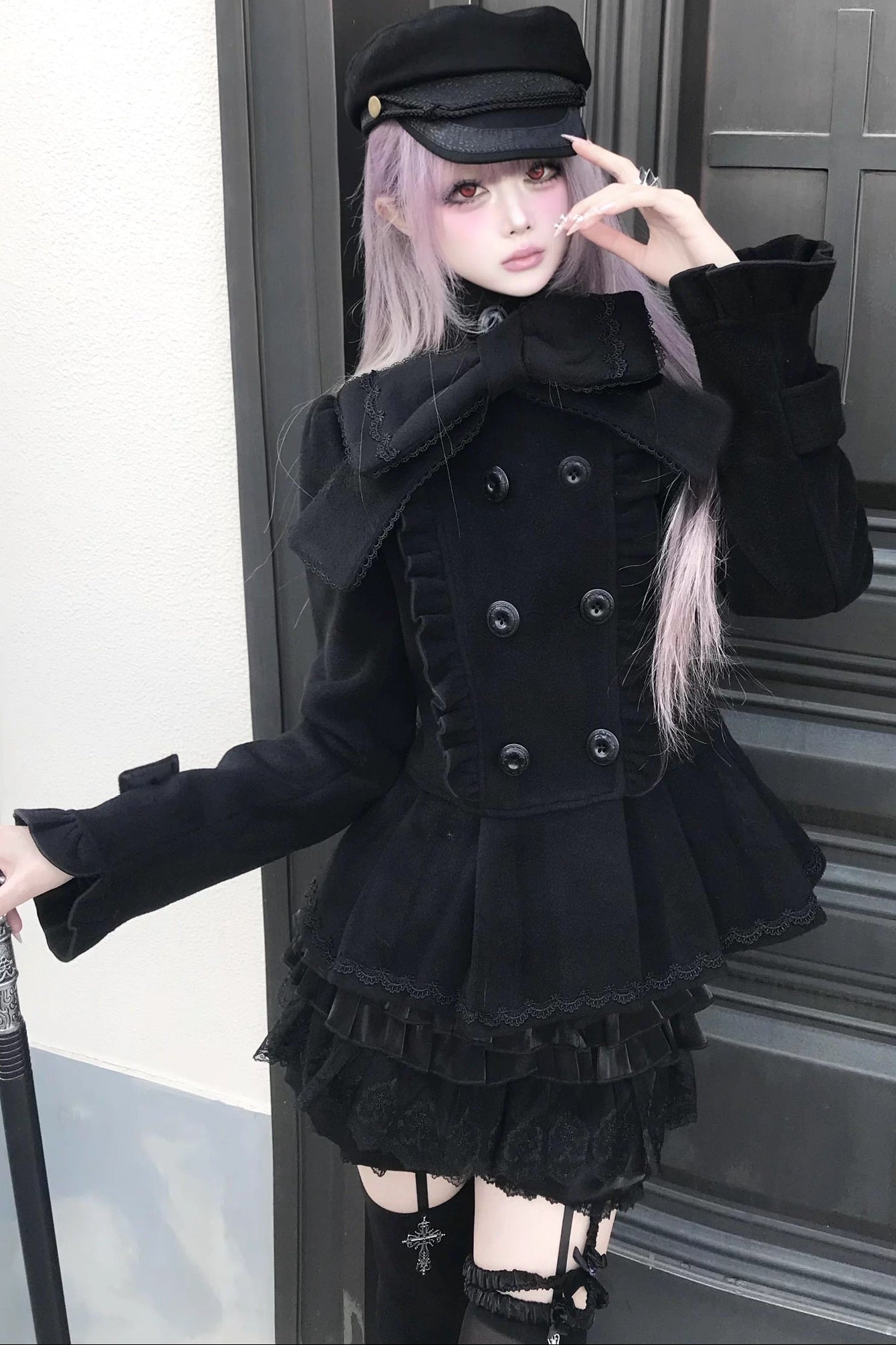 Detachable Bow Woolen Coat and Dress Set