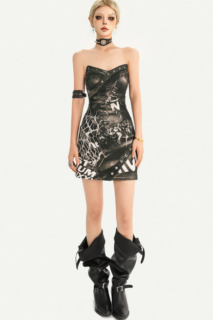Dark Style Printed Tube Top Dress