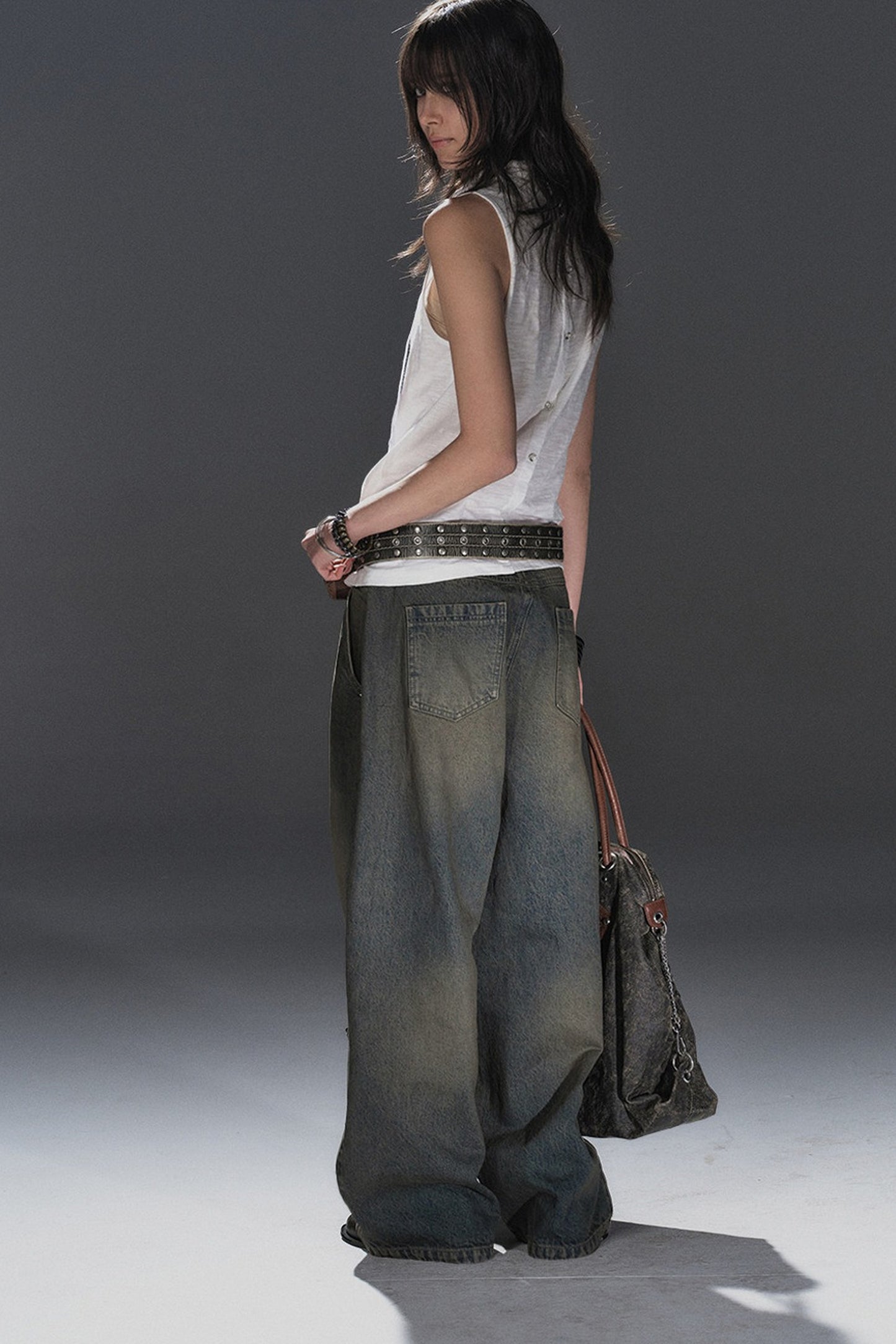 Waist Rivet Split Wide-Leg Denim Jeans