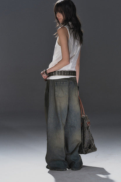 Waist Rivet Split Wide-Leg Denim Jeans