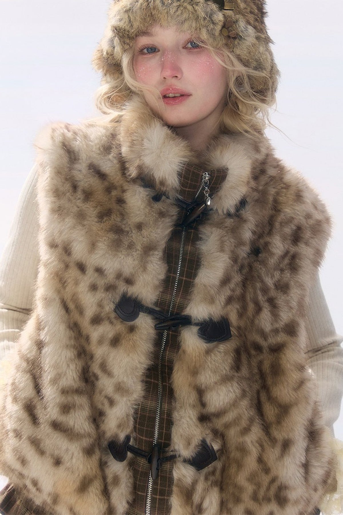 Plush Patchwork Plaid Leopard Horn Button Jacket