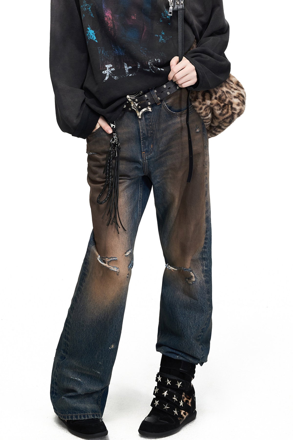 Mud-Dyed Distressed Flared Jeans