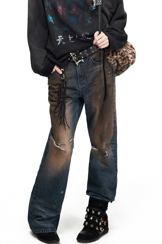 Mud-Dyed Distressed Flared Jeans