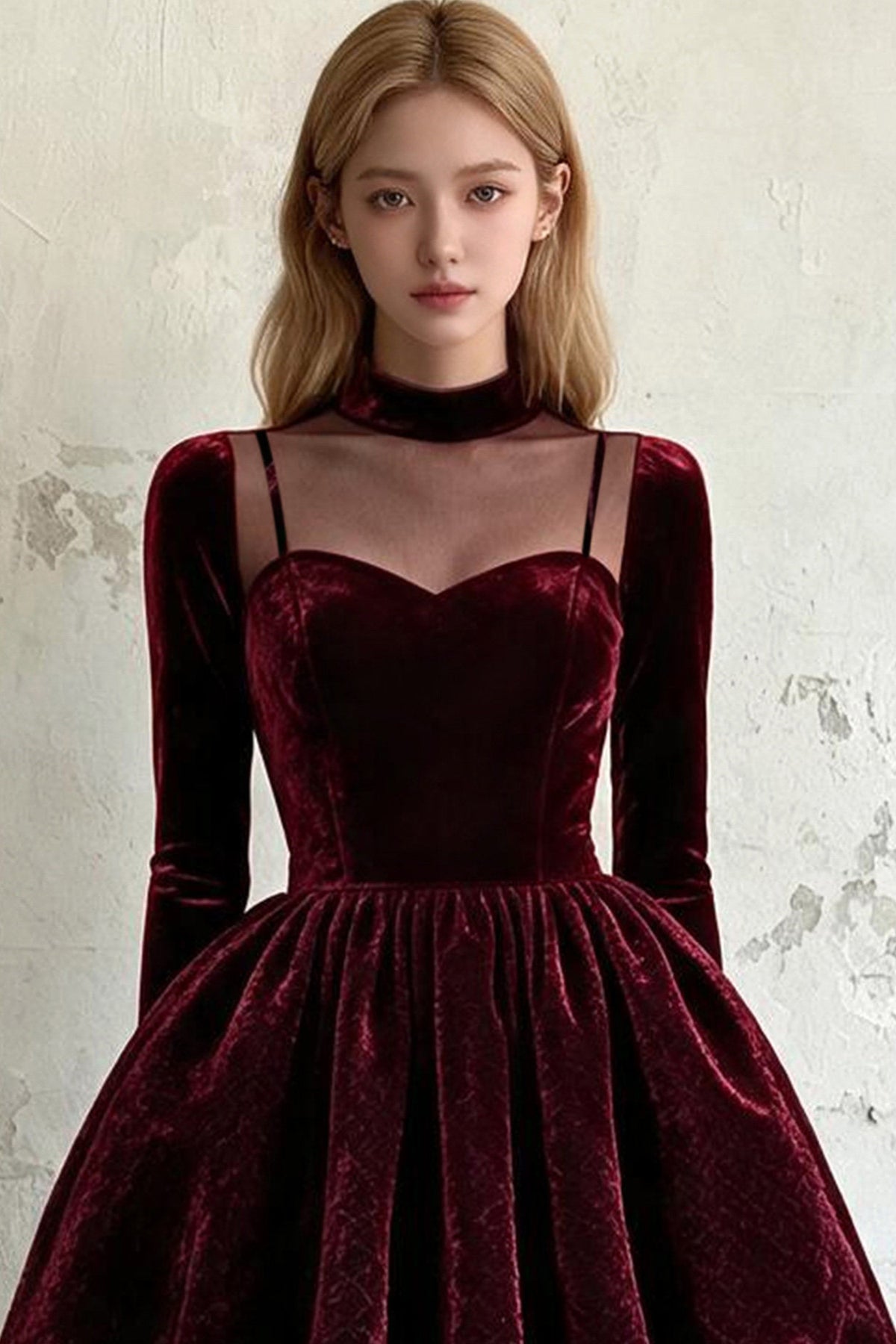 Straight Velvet High Neck Puff Dress