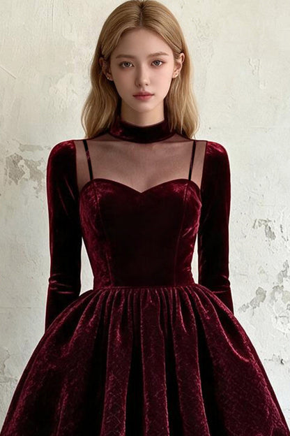 Straight Velvet High Neck Puff Dress
