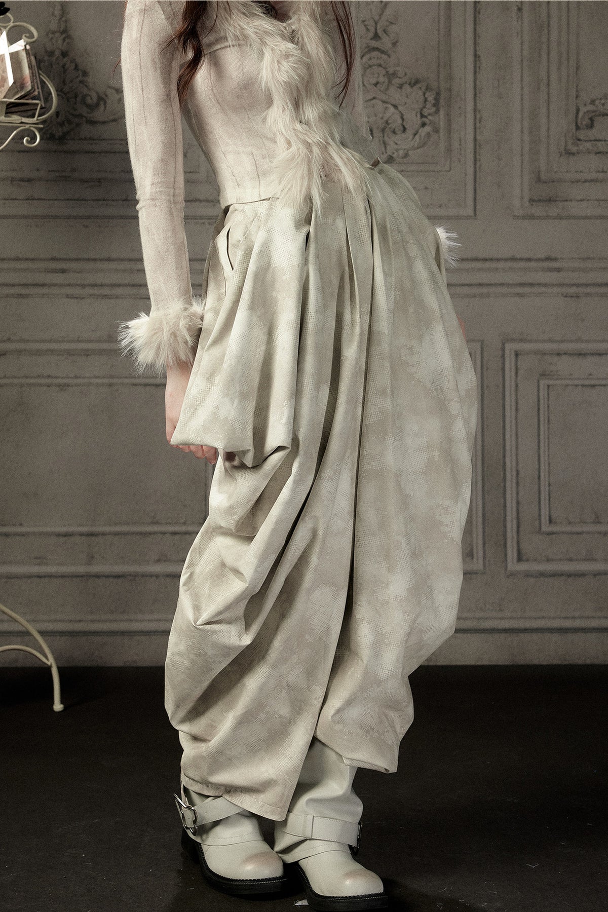 Beige Asymmetrical Stacked Long Pants