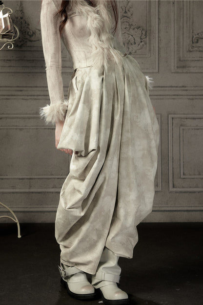 Beige Asymmetrical Stacked Long Pants