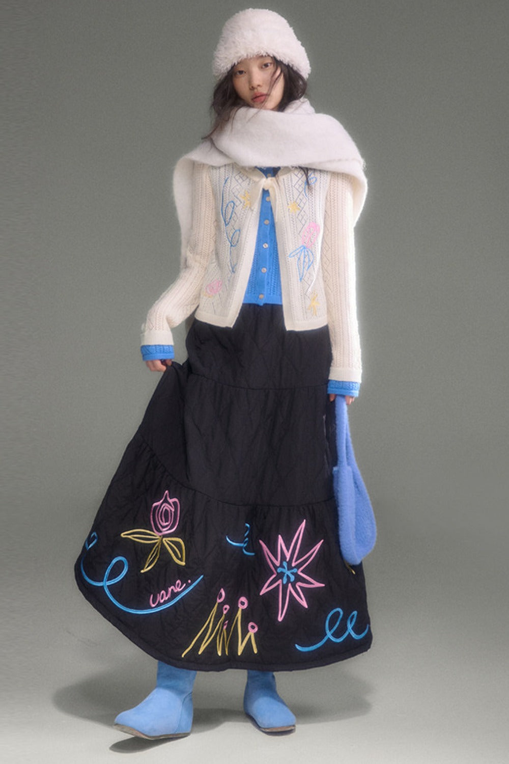 Floral Embroidered Quilted A-Line Tiered Skirt