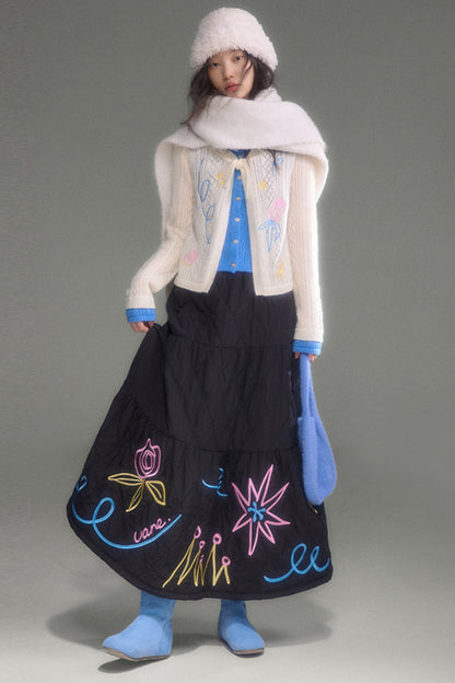 Floral Embroidered Quilted A-Line Tiered Skirt