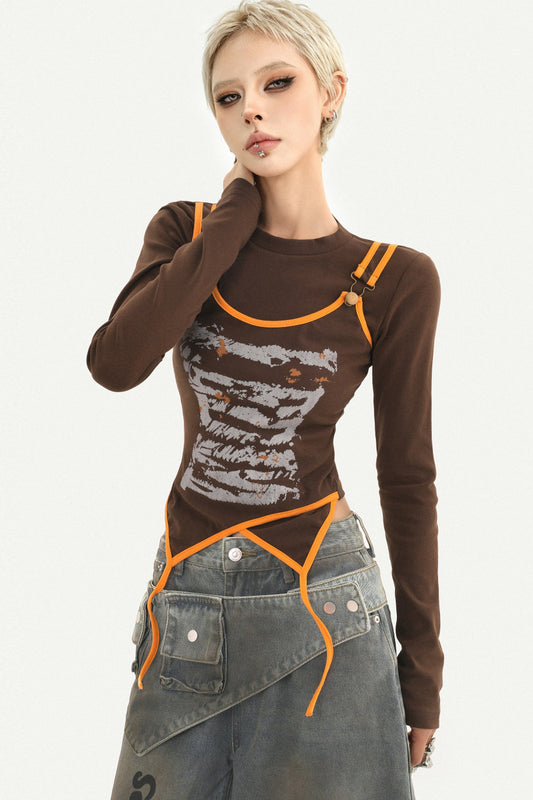 Printed Spliced Layered-Look Long-Sleeve T-shirt