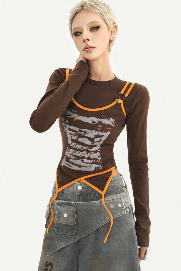 Printed Spliced Layered-Look Long-Sleeve T-shirt