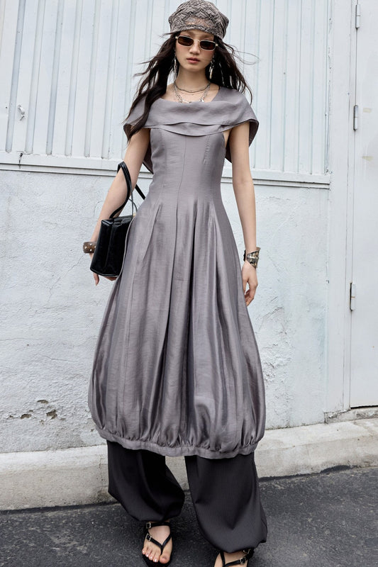 Glossy Balloon Scarf Collar Dress