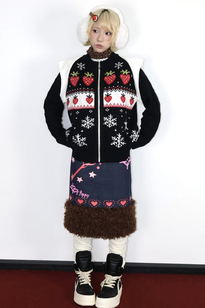 Strawberry Snowflake Zip Sweater