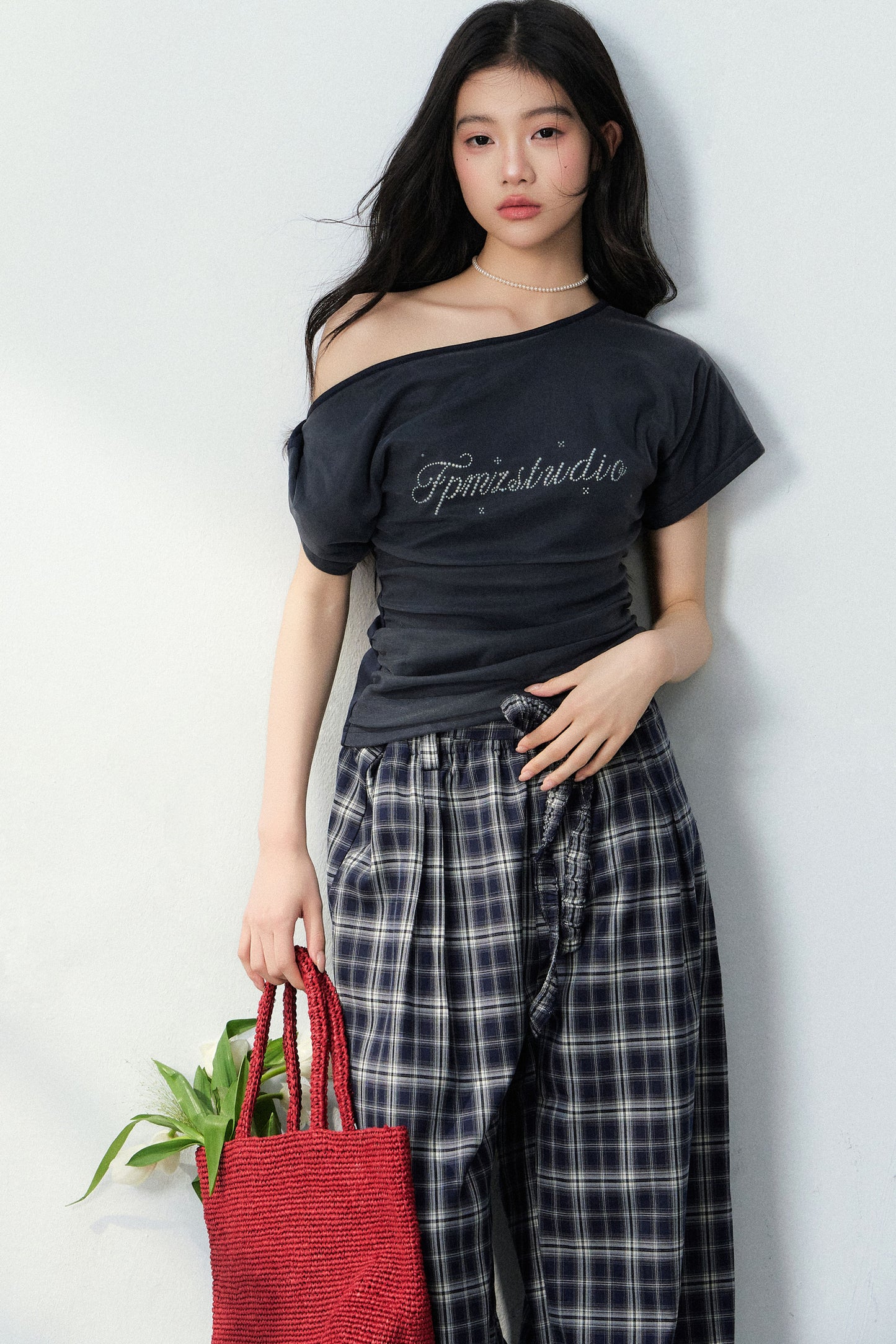 Navy Blue Plaid Wide-Leg Pants