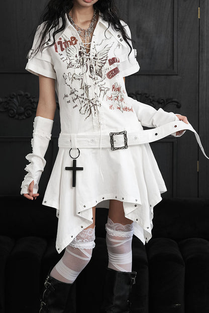 Printed V-Neck Tie-Up Asymmetrical Shirt Dress