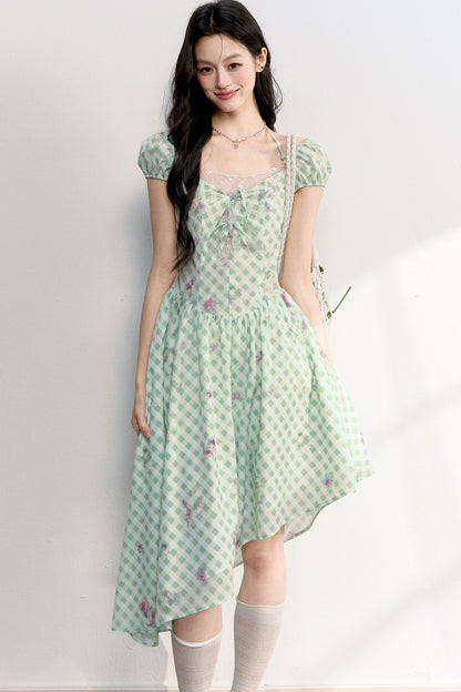 Mint Green Plaid Floral Lace Dress