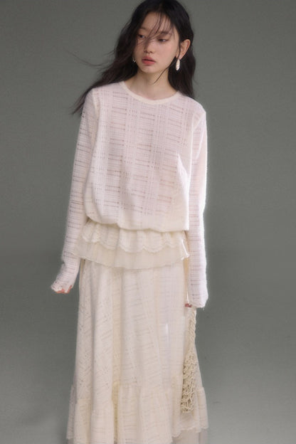 Plaid Lace Long Sleeve T-Shirt Skirt Set-Up
