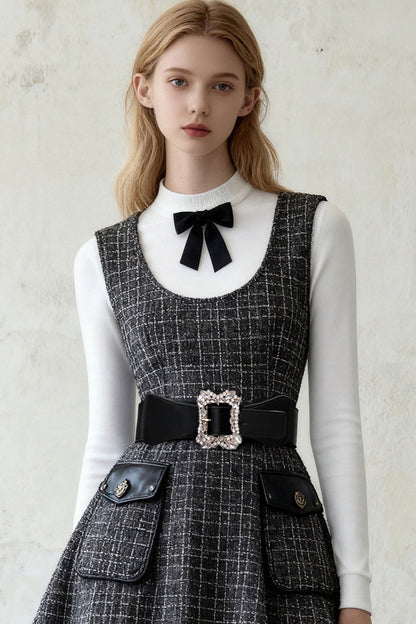 White Top Plaid Suspender Dress Set