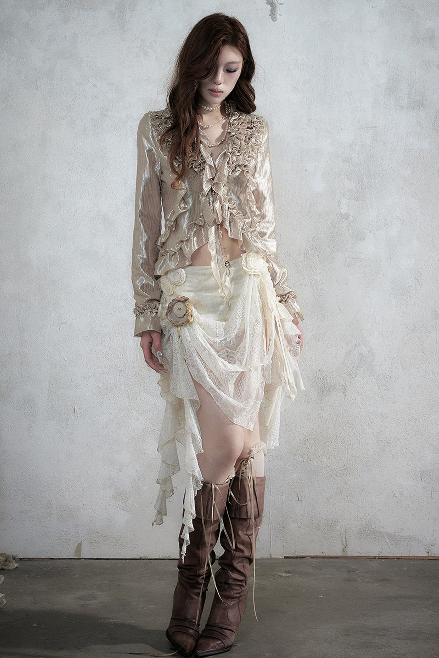 Ruffle Trim Tie Waist Long-Sleeved Blouse