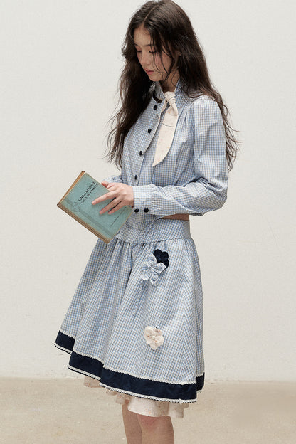 Plaid Contrast Ribbon Shirt and Skirt Set-Up