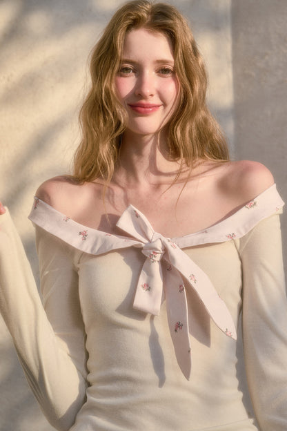 Off-Shoulder Big Bow Knit Top