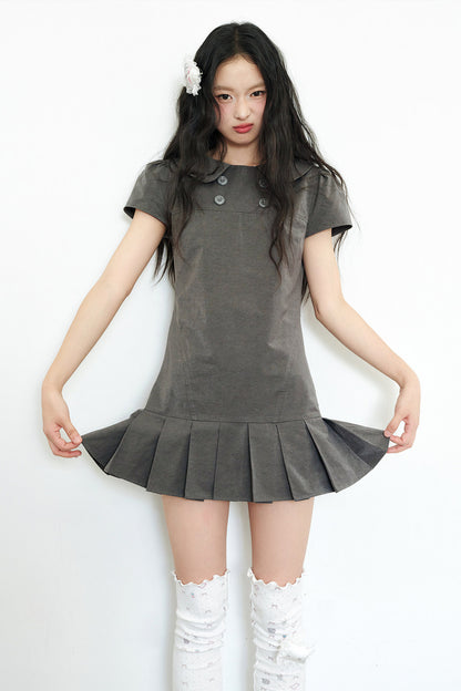 Gray Low-Waist Double-Breasted Patchwork Pleated Dress